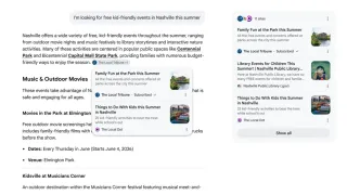 Google AI Mode showing subscription-labeled links for kid-friendly Nashville events search