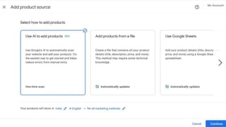 Google Merchant Center Add Product Source screen showing Use AI to add products beta option