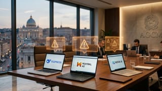 AGCM Rome office with DeepSeek, Mistral, Nova AI laptops and hallucination warnings