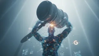 AI figure made of data filaments holds back a giant courthouse gavel in Google's antitrust appeal.