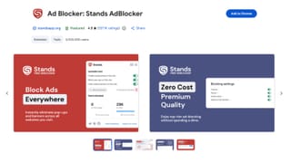 Stands AdBlocker Chrome Web Store listing showing 3 million users and data selling disclosure.