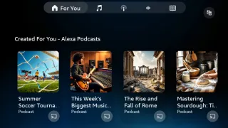 Alexa Podcasts on Echo Show with four AI-generated episodes on sports, music, history, and baking