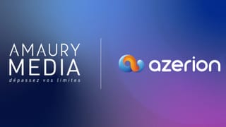 Amaury Media and Azerion logos announcing L'Equipe podcast ad partnership in France.
