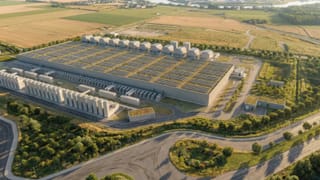 Aerial render of Google's Kronstorf data center in Upper Austria with solar roof panels