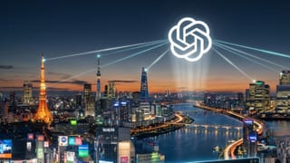 OpenAI logo beaming signal lines over Tokyo and Seoul skylines at dusk