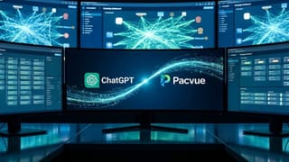 Pacvue and ChatGPT logos connected on a command center screen with retail media dashboards.