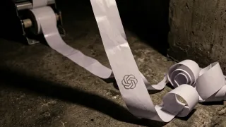 OpenAI receipt paper roll with ChatGPT logo unspooling on concrete floor