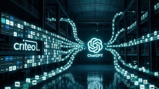 Criteo and ChatGPT logos connected by glowing product card streams in a dark warehouse.