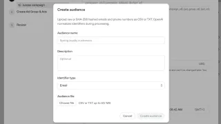 OpenAI ChatGPT Ads Manager custom audience creation interface showing email upload options.