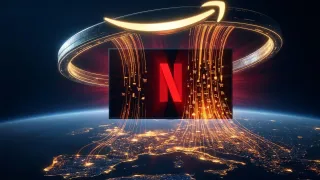Amazon data streams flow into Netflix screen above illuminated Europe map