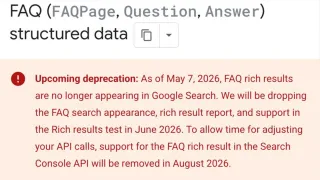 Google Search Central deprecation notice for FAQ structured data rich results, May 2026