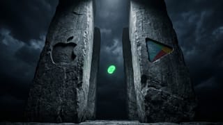 Apple and Google Play stone pillars trap a glowing Freecash coin in darkness