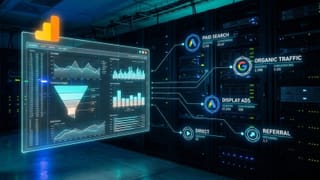 Google Analytics Data API cross-channel conversion reporting dashboard in server room