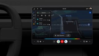 Car dashboard screen showing Gemini AI assistant with Google Maps navigation interface