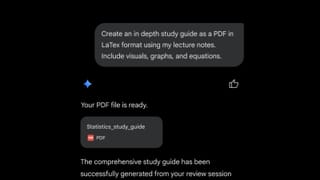 Gemini chat interface generating a Statistics study guide PDF from lecture notes
