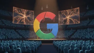 Giant Google G on stage before a silent crowd, symbolizing the muted I/O 2026 reception