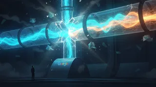 AI code surge fractures a glowing software pipeline above a Google control station