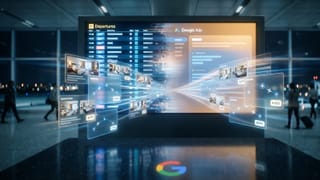 Google Ads travel feed cards merging into Search campaigns interface at airport