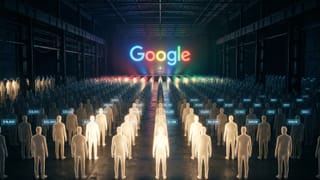 Glowing human silhouettes with price tags in a dark auction hall lit by the Google logo.
