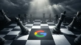 Chess pieces fall around Google's logo as the May 2026 core update reshapes search rankings.
