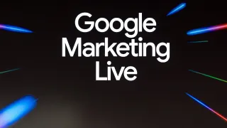 Google Marketing Live 2026 stage logo against dark backdrop with coloured light streaks