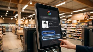 Google Shopping local inventory ad on kiosk screen showing pickup cost in a retail store