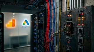 Server room circuit breaker panel with Google Analytics and Google Ads logos in background.