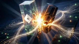 Two data containers colliding and merging in a burst of light, representing GTM unification