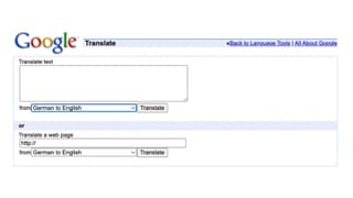 Google Translate 2006 interface showing text and web page translation from German to English.