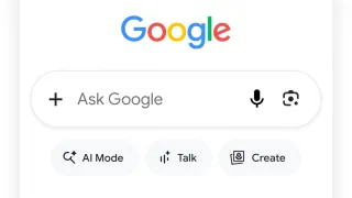 Google Search app showing AI Mode, Talk, and Create buttons below the search bar