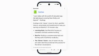 Duolingo Highlighted Answer ad in Google AI Mode with independent AI explainer, mobile