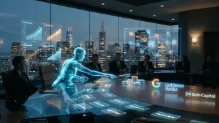 AI agent hologram in venture capital boardroom with San Francisco skyline at dusk