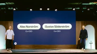 Spotify co-CEOs Alex Norstrom and Gustav Soderstrom on stage at the 2026 Investor Day