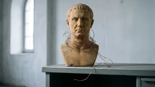 Roman bust with copper wire harness on metal desk, symbolising AI emotion surveillance at work