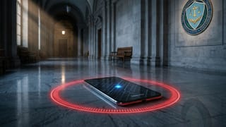 FTC courthouse seal, smartphone with GPS map and red perimeter ring, Kochava location data case