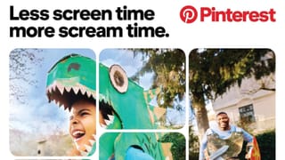 Pinterest out-of-home ad showing kids in cardboard costumes with Less screen time headline