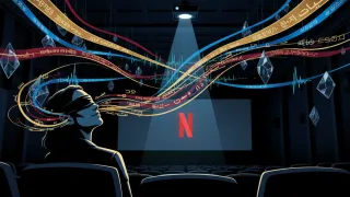 Stylized viewer in dark cinema with multilingual audio description ribbons flowing to Netflix screen