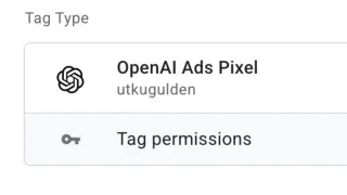 GTM tag type selector showing OpenAI Ads Pixel template by utkugulden with tag permissions