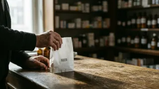 Pharmacist hands a prescription bag at a pharmacy counter, patient data at risk.