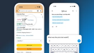 Amazon Rufus price history link on product page and chat interface on mobile app
