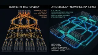 Fat-tree vs RNG topology: AWS data center network comparison showing 69% router reduction