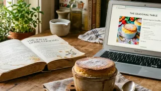 Open cookbook and food blog on laptop beside a fresh soufflé on a kitchen counter