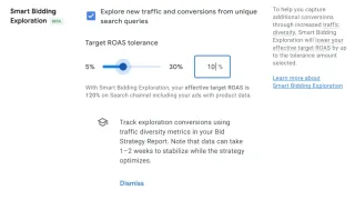 Smart Bidding Exploration beta UI showing Target ROAS tolerance slider set to 10% in Google Ads