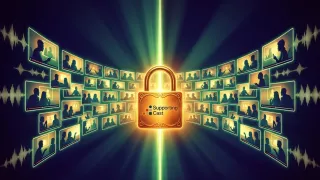 Glowing padlock surrounded by exclusive video frames and audio waveforms on dark background.