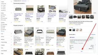 Google Search results showing UCP Buy button on a Wayfair sofa listing, documented by Barry Schwartz