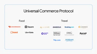 UCP partner logos: DoorDash, Uber Eats, Booking.com, Hilton, Marriott, Expedia, and more