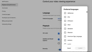 YouTube preferred languages picker in Playback settings, showing multilingual options.