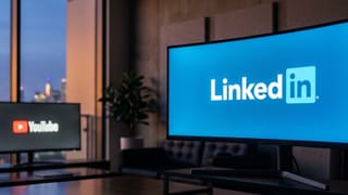 LinkedIn monitor dominates foreground as YouTube screen recedes in a dark office at dusk.