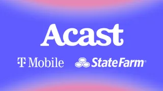 Acast, T-Mobile and State Farm logos on blue gradient background for Apple Podcasts video ads