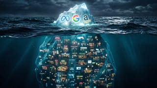Iceberg with Meta, Google, Amazon logos above water, small businesses submerged below